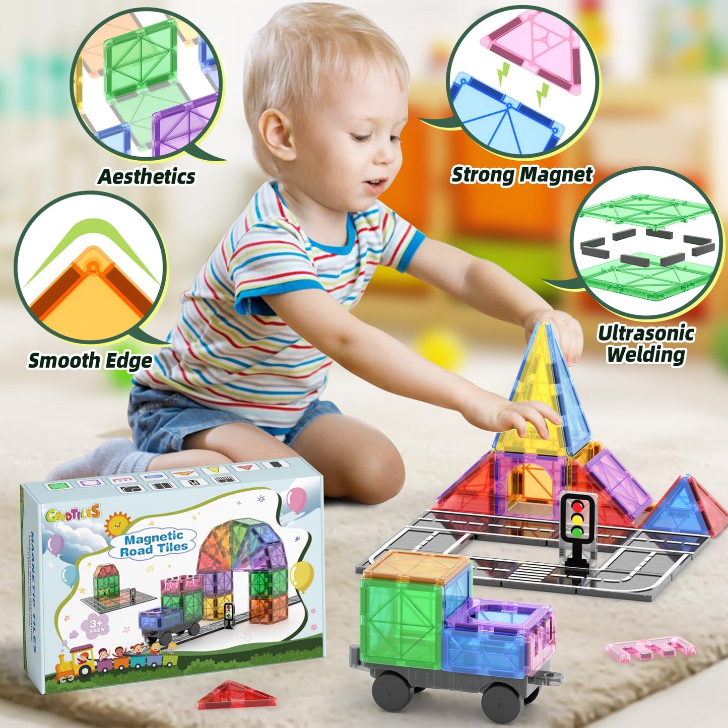 Goodtiles Magnetic Tiles Road Sets With Car Kits -Magnet Building Blocks Montessori Toys For Toddlers | Preschool Educational Se