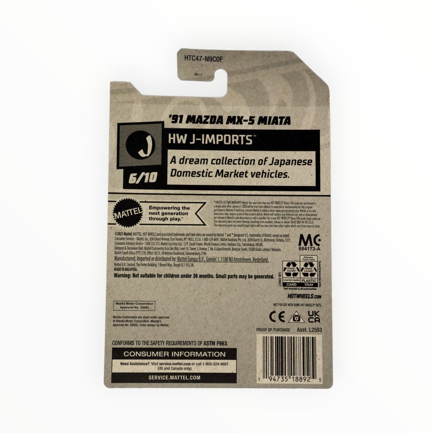 Matchbox Hot Wheels 91 Mazda MX 5 Miata, HW J Imports 6/10 [Black] 120/250, L2593