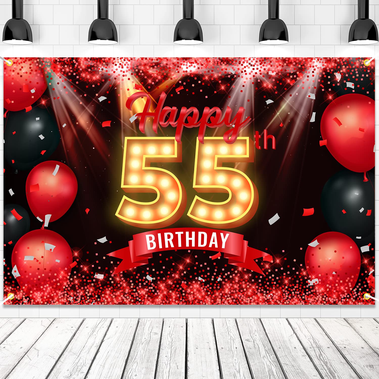 Happy 55th Birthday Banner Backdrop Red and Black 55 Years Old Background Bday Decorations for Women Men Photography Party Suppl