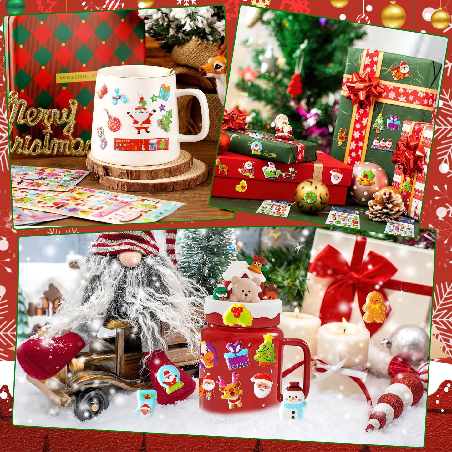 UPINS Christmas Stickers for Kids, 10 Sheets Holiday 3D Puffy Foam Decals - Cute Snowman, Reindeer, Tree, Santa for Party Favors