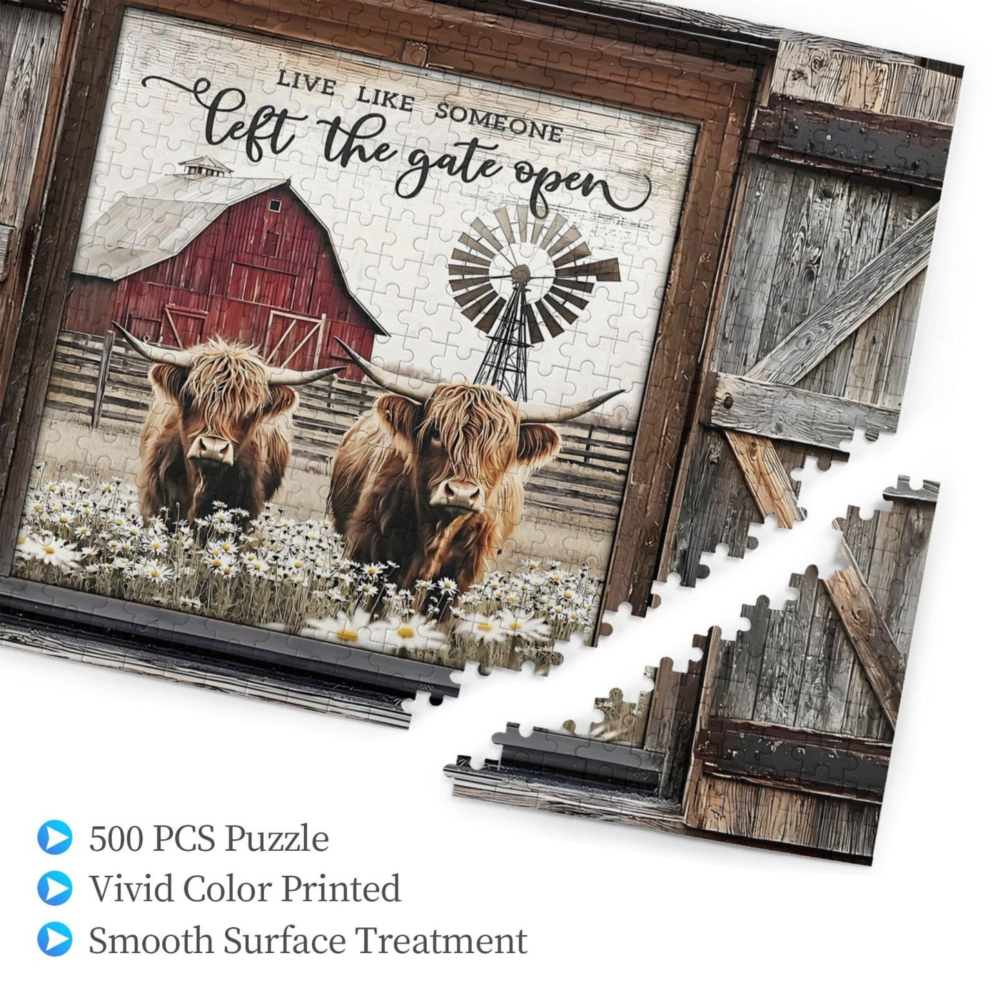 TREKTOTS Highland Cow Jigsaw Puzzle, 500 Pieces, Wooden, White, Rustic Farm Scene, Relaxing Nature Art, Perfect Gift for Adults