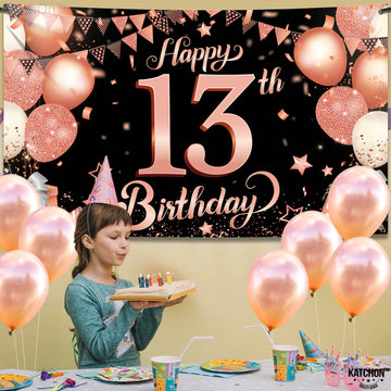 Katchon, Rose Gold Happy 13Th Birthday Banner - Huge, 72X44 Inch | Rose Gold And Black 13Th Birthday Backdrop, 13Th Birthday Party Decorations | 13 Birthday Banner, 13Th Birthday Decorations For Girls