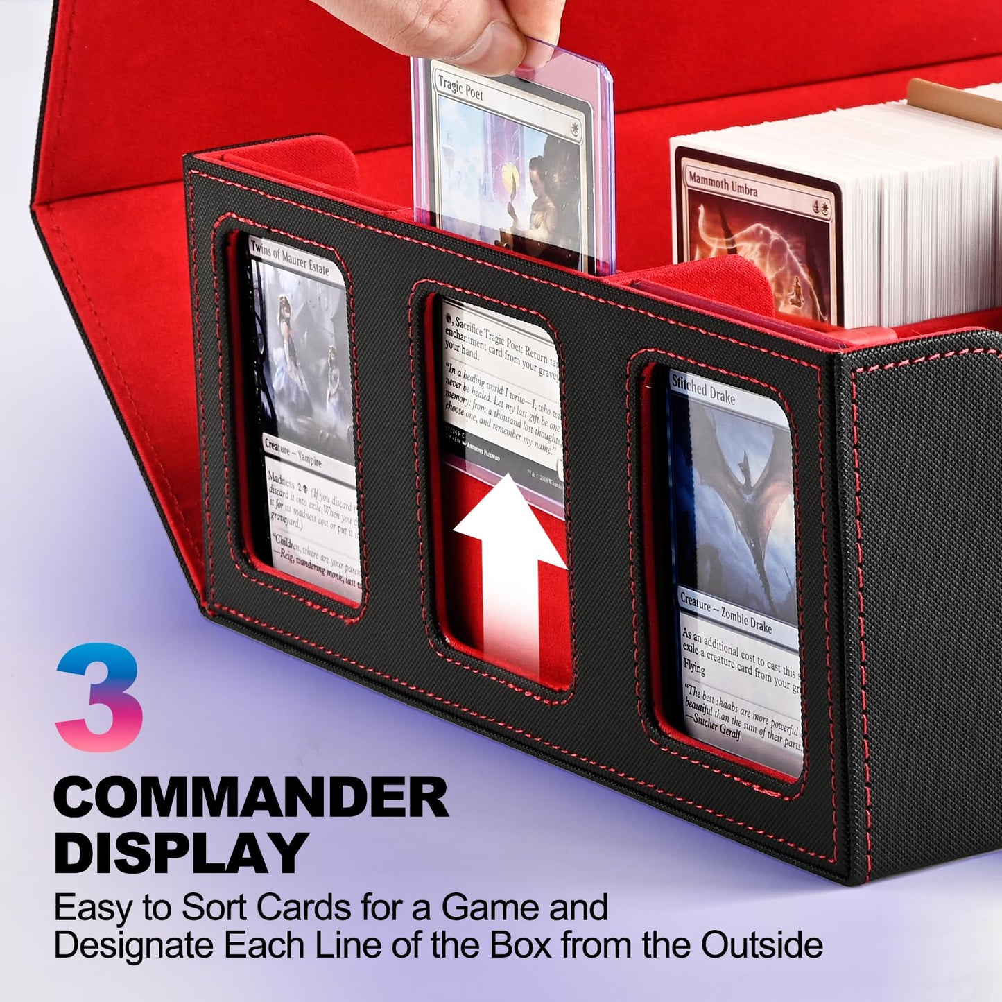 Uaono Card Storage Box For Trading Cards, 1800+ Commander Deck Box For Mtg With Display Window, Toploader Card Case Fits Magic Tcg Ptcg Sports Cards; 10 Removable Divider, 3 Stoppers (Black, Red)