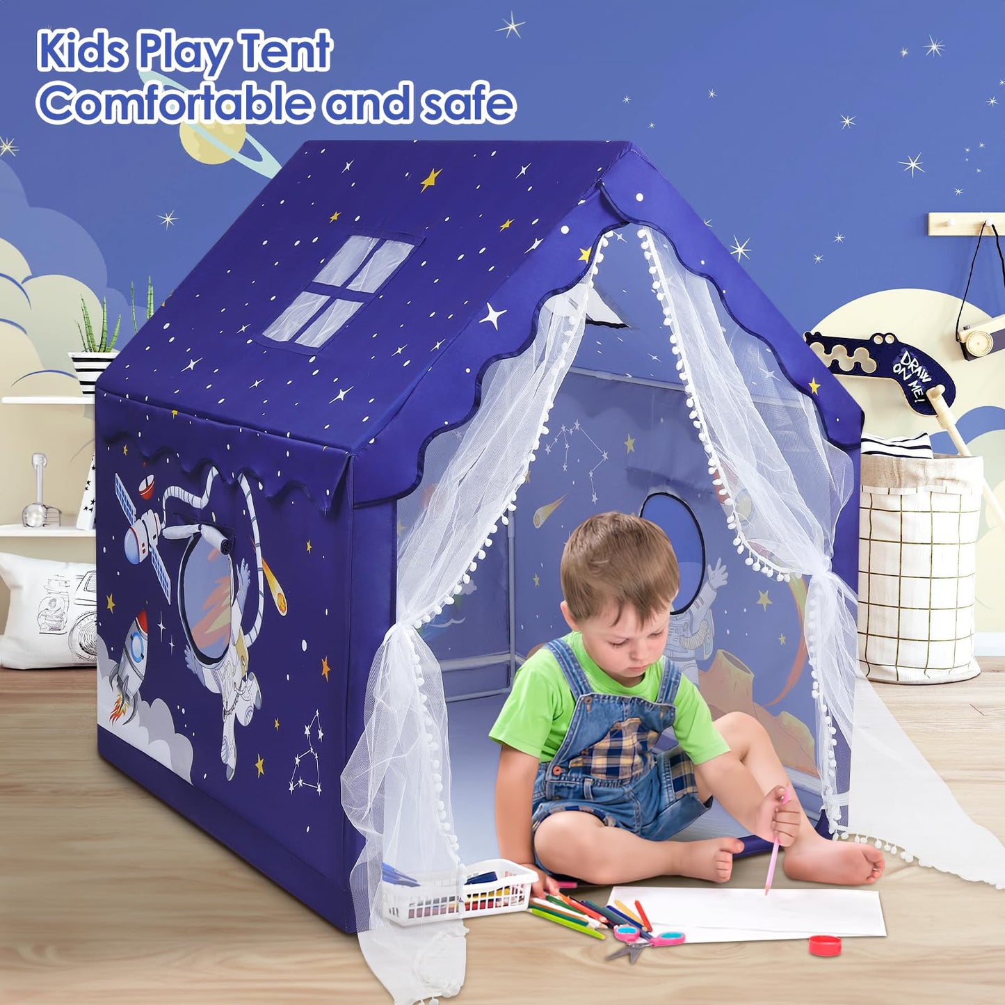 Kids Tent Blue Space Toddler Tent For Boys,Large And Foldable Kids Playhouse With Windows, Portable And Lightweight Play Tent In