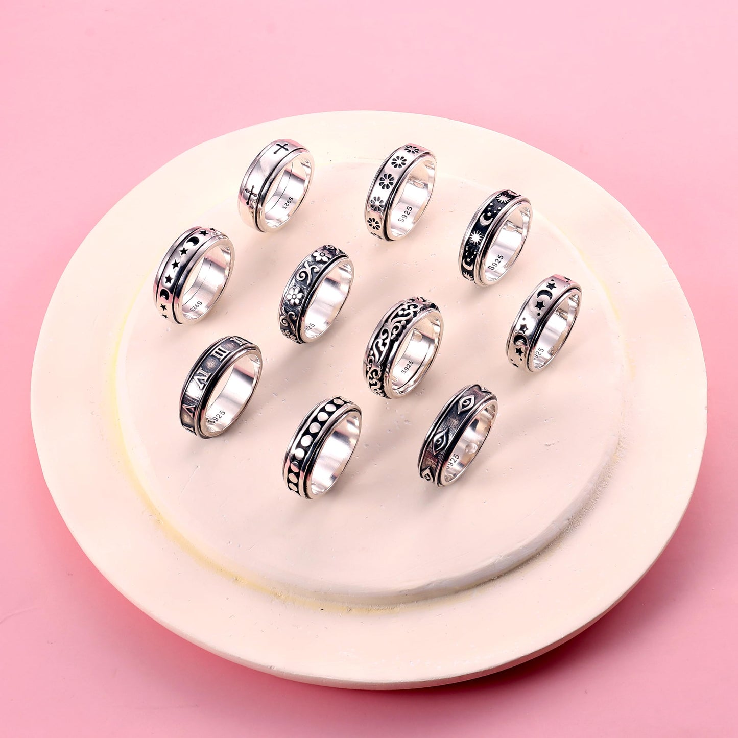 Milacolato 925 Sterling Silver Anxiety Ring For Women Men Platinum Plated Sterling Silver Band Fidget Ring Moon Star Spinner Rin