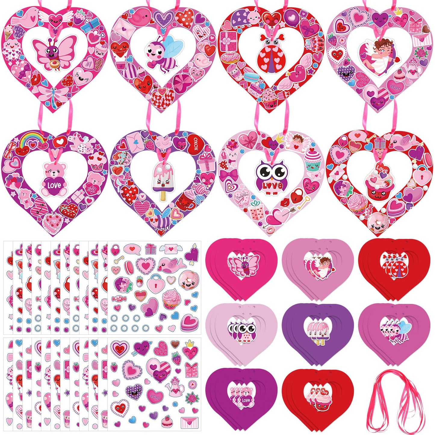 DoubleFill 24 Sets Valentines Day Crafts Kit Make Your Own Heart Wreath Ornaments Valentines DIY Card Cute Stickers Bulk Valent