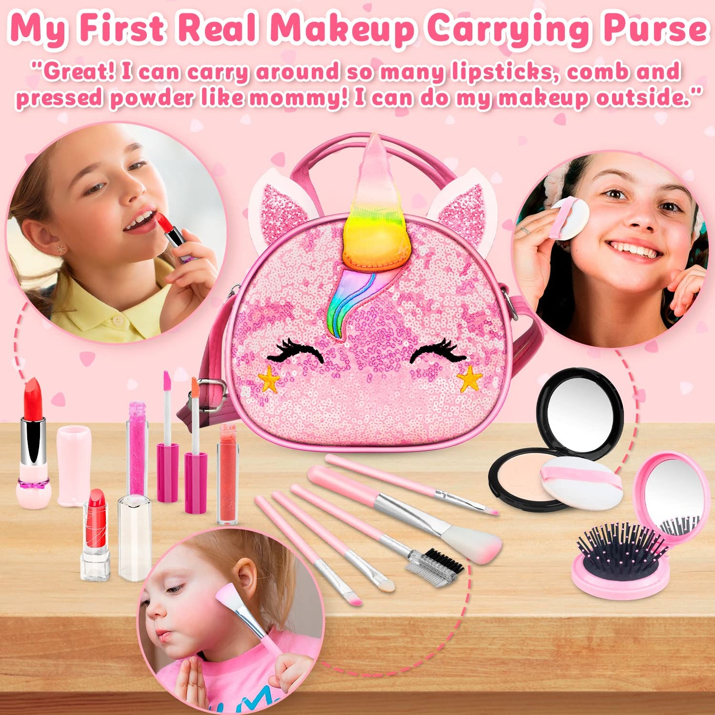 Hollyhi 25 Pcs Kids Makeup Kit for Girl, Washable Real Make Up Play Set with Unicorn Cosmetic Bag, Pretend Beauty Set Princess D