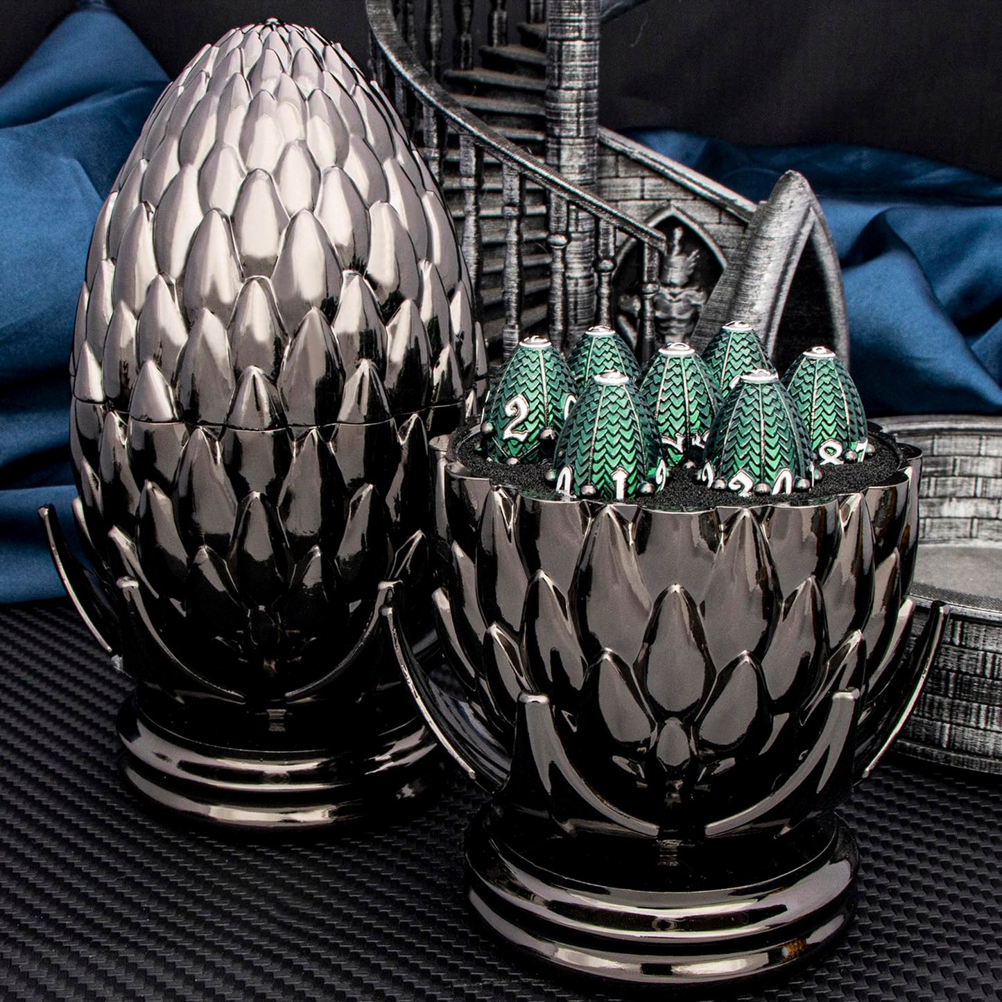ARUOHHA DND Metal Dice Black Green Dragon Egg Dice with Rotating Dragon Egg Shell, Dungeons and Dragons Role Playing Game RPG D&