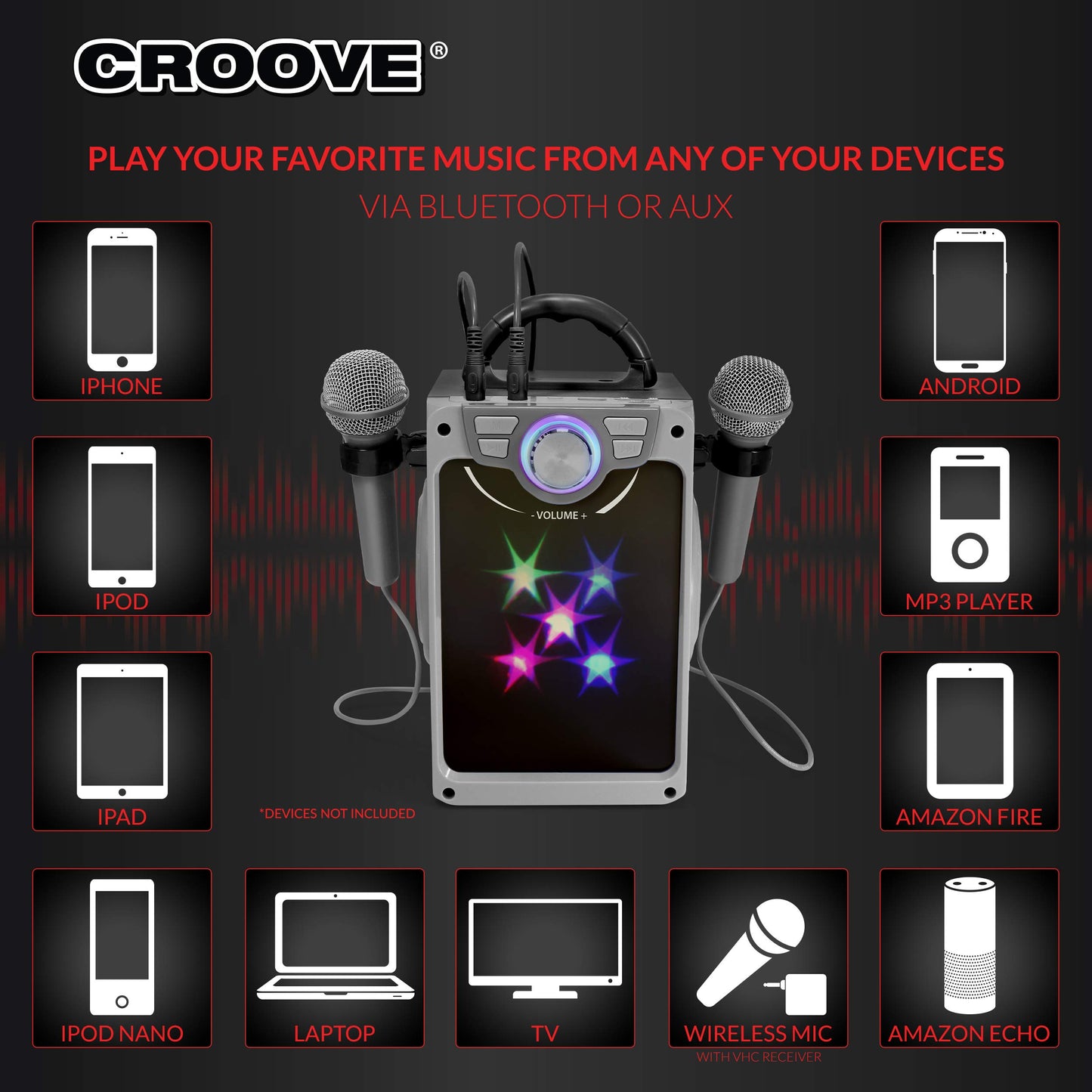 Croove Karaoke Machine for Kids - Bluetooth & AUX with 2 Microphones, Flashing Lights, Black