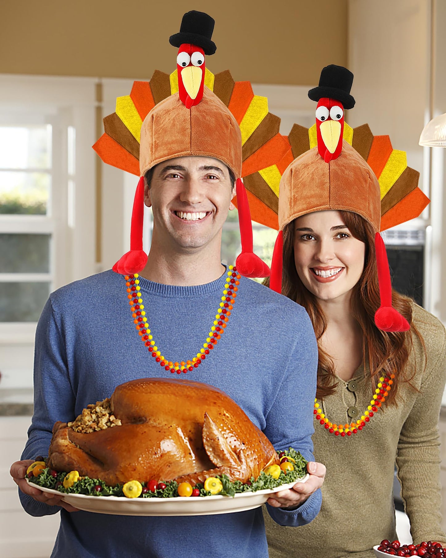 Hikkcos Thanksgiving Turkey Hat And 3 Packs Bead Necklaces Turkey Head Costume Plush Gobbler Hat For Thanksgiving Trot Dress Up