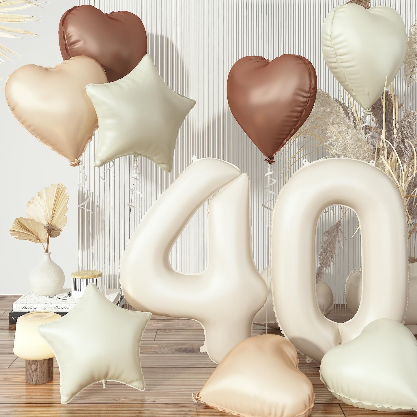 Large Sand White 40 Balloons, Foil Cream Brown Apricot Beige Number 40 Balloons, Tan Heart Balloons Boho Helium Nude Neutral Sta