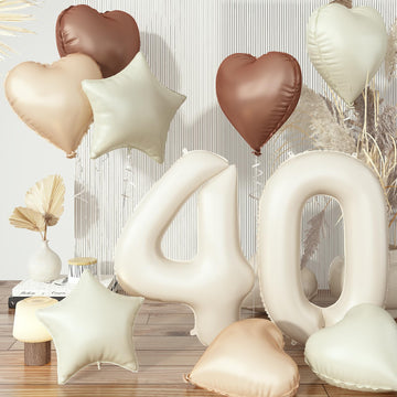 Large Sand White 40 Balloons, Foil Cream Brown Apricot Beige Number 40 Balloons, Tan Heart Balloons Boho Helium Nude Neutral Sta
