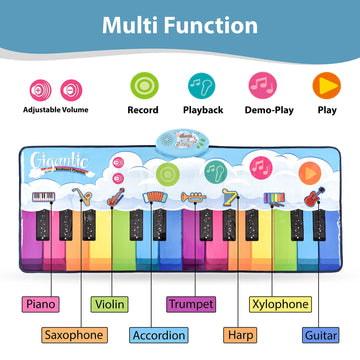 Floor Piano Mat For Kids – Large 4Ft. Portable Play Mat – 24 Keys, 8 Inbuilt Sounds – Completed Set With 2 Maracas, Tambourine, And Flute – Ideal Gift For Ages 3+ – Non-Slip, Compact & Portable - Usa
