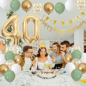 40Th Birthday Decorations For Women Men, Sage Green White Gold Birthday Balloons With Happy 40Th Birthday Banner Birthday Cake T