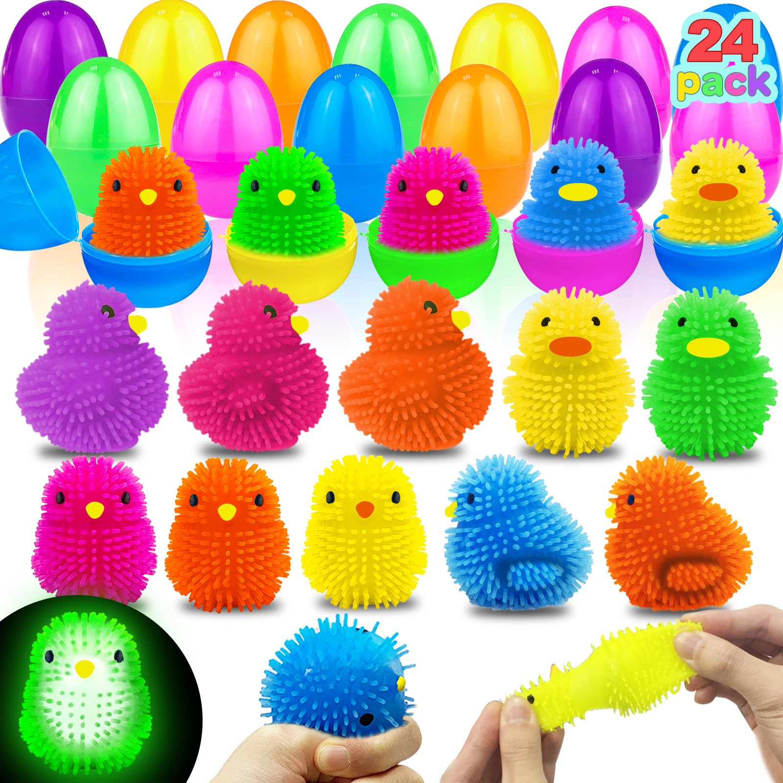 AMENON 24 Pack Easter Basket Stuffers Chick Duck LED Puffer Balls Easter Eggs Filled Light Up Squeeze Sensory Ball Stress Relief