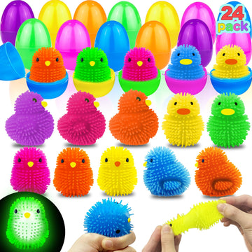 AMENON 24 Pack Easter Basket Stuffers Chick Duck LED Puffer Balls Easter Eggs Filled Light Up Squeeze Sensory Ball Stress Relief