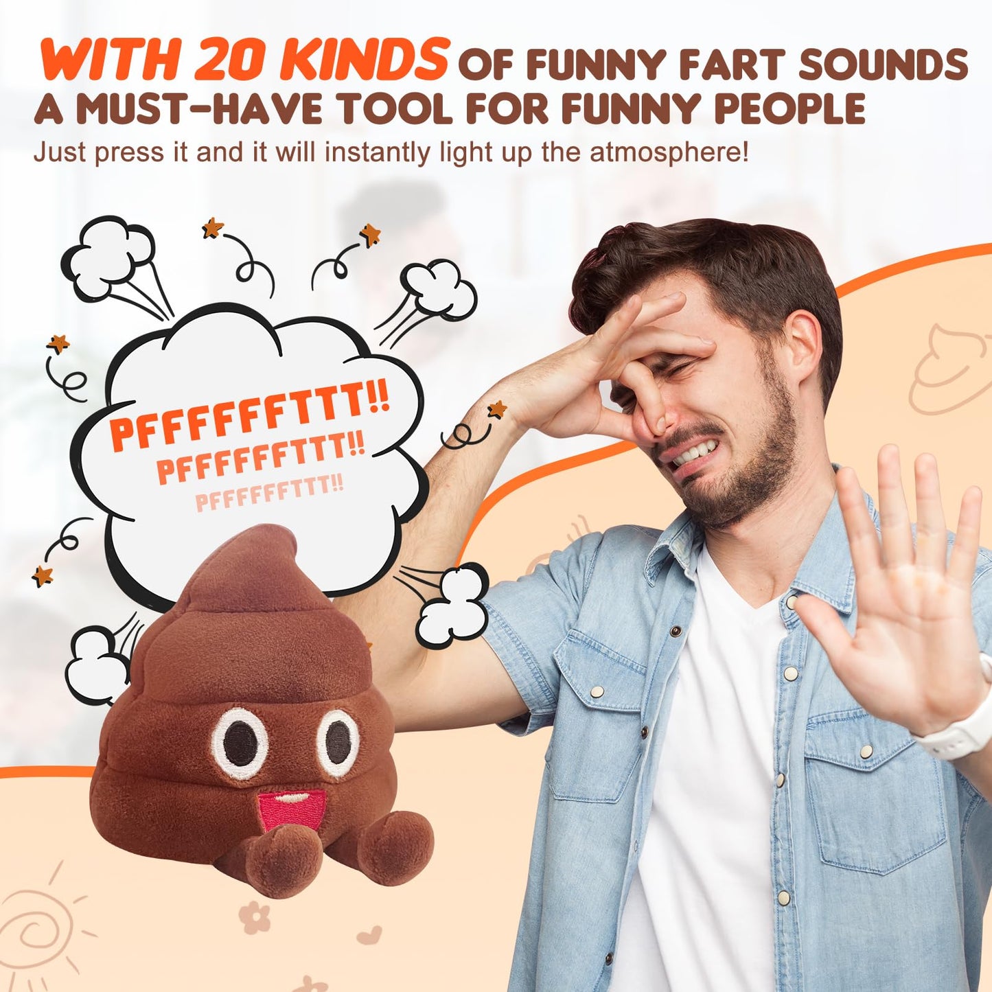 Wyzoid Funny Farting Poop Plush Toy - 30 Hilarious Fart Sounds, Soft & Durable, Perfect Gag Gift For Kids, Pets, And Pranks - Re