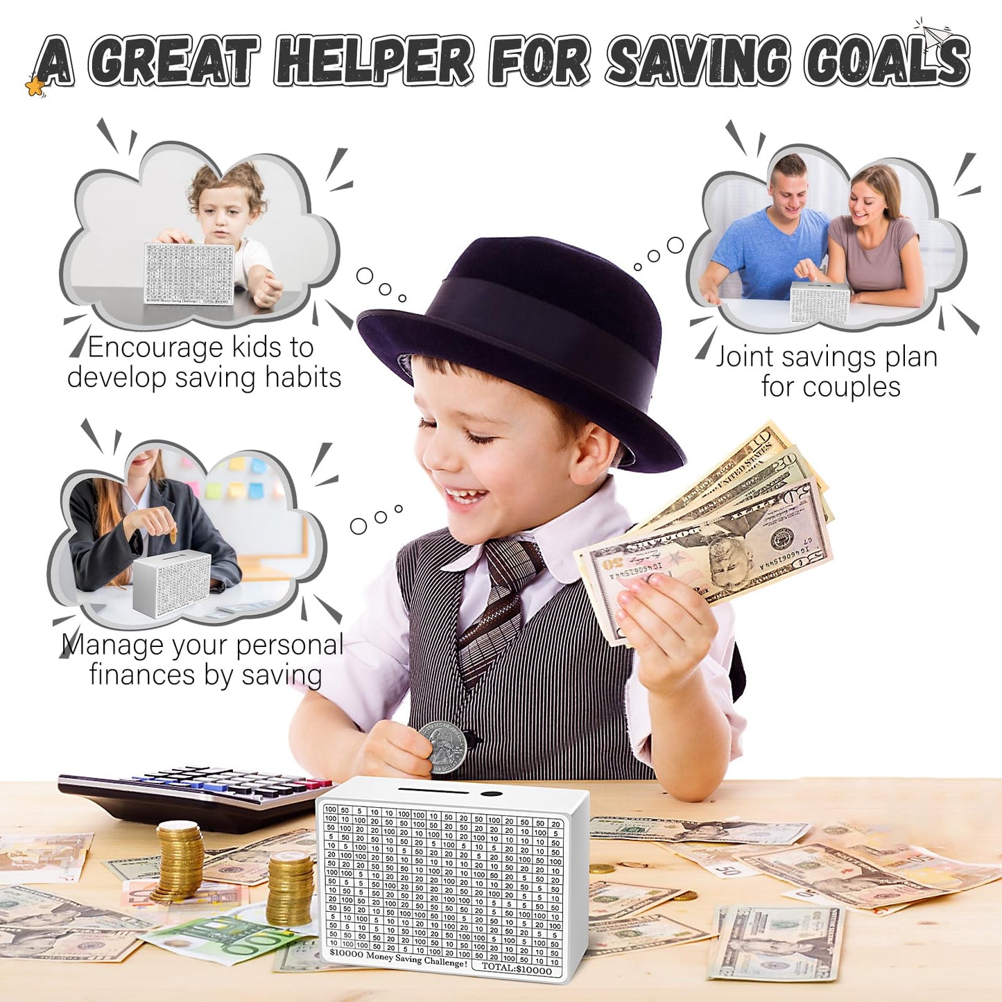 Wooden Money Saving Box, Cash Savings Box For $10000 $5000 $3000 Target Money Saving Challenge, Reusable Money Box With Counter,