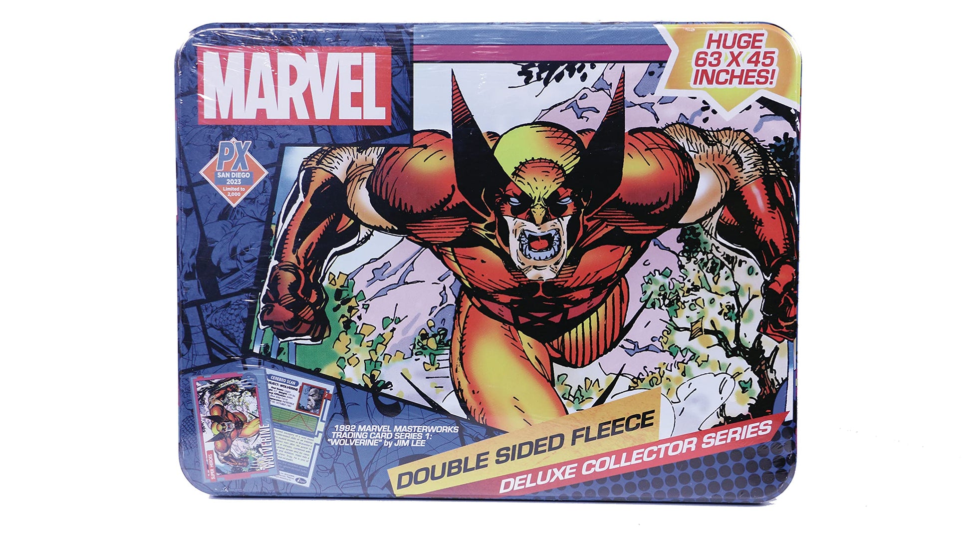 San Diego Previews limited availability 2023 Marvel Wolverine Card PX Deluxe Fleece Blanket and Tin