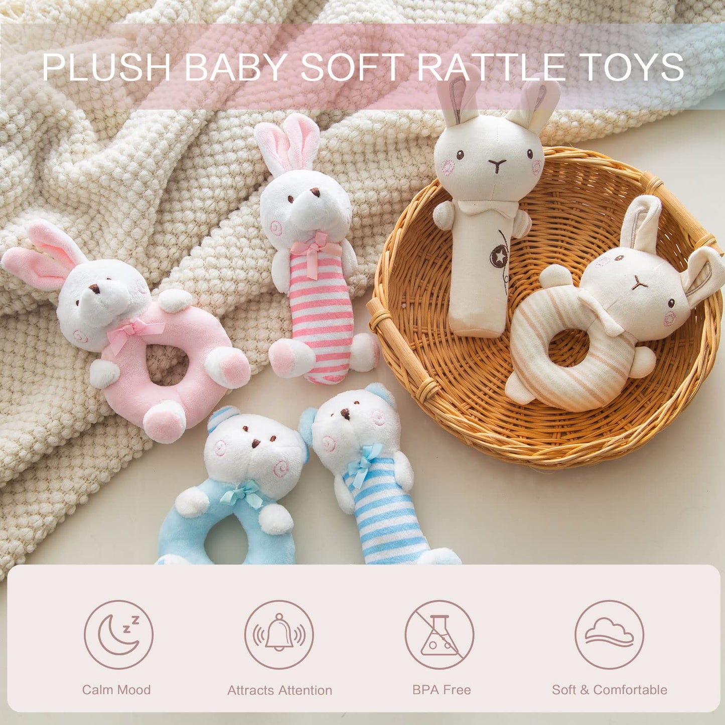 Plush Baby Soft Rattle Toys, Pink Bunny Baby Rattles For Infants Baby First Stuffed Animal Plush Rattle Shaker Set For Newborns