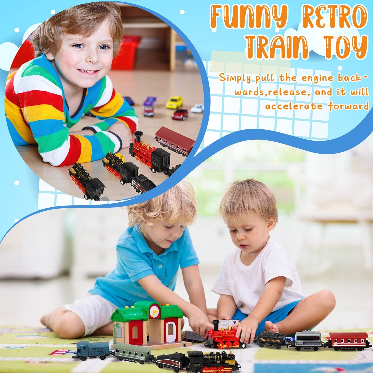Hanaive 3 Sets Train Toys Mini Simulation Steam Toys Small Retro Steam Train Model Pull Back Set Diecast Locomotive Model Set fo