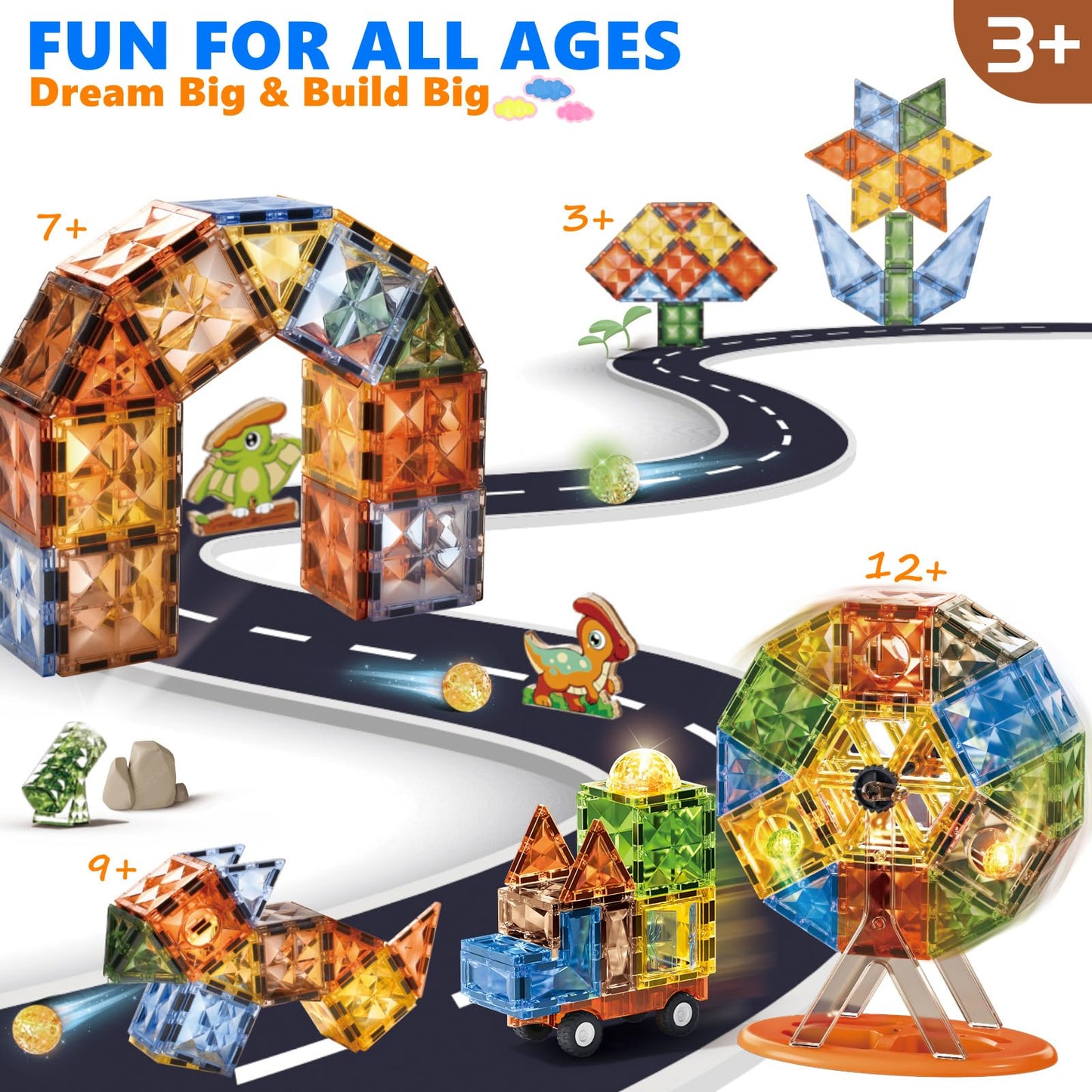 Binzkbb Magnetic Tiles 110Pcs - 3D Lighted Magnet Building Blocks For Kids,Creative Dinosaur Toys Educational Sensory Stack Stem Construction Toys For Kids Ages 3 4 5 6 8 10+ Year Old Boys Girls