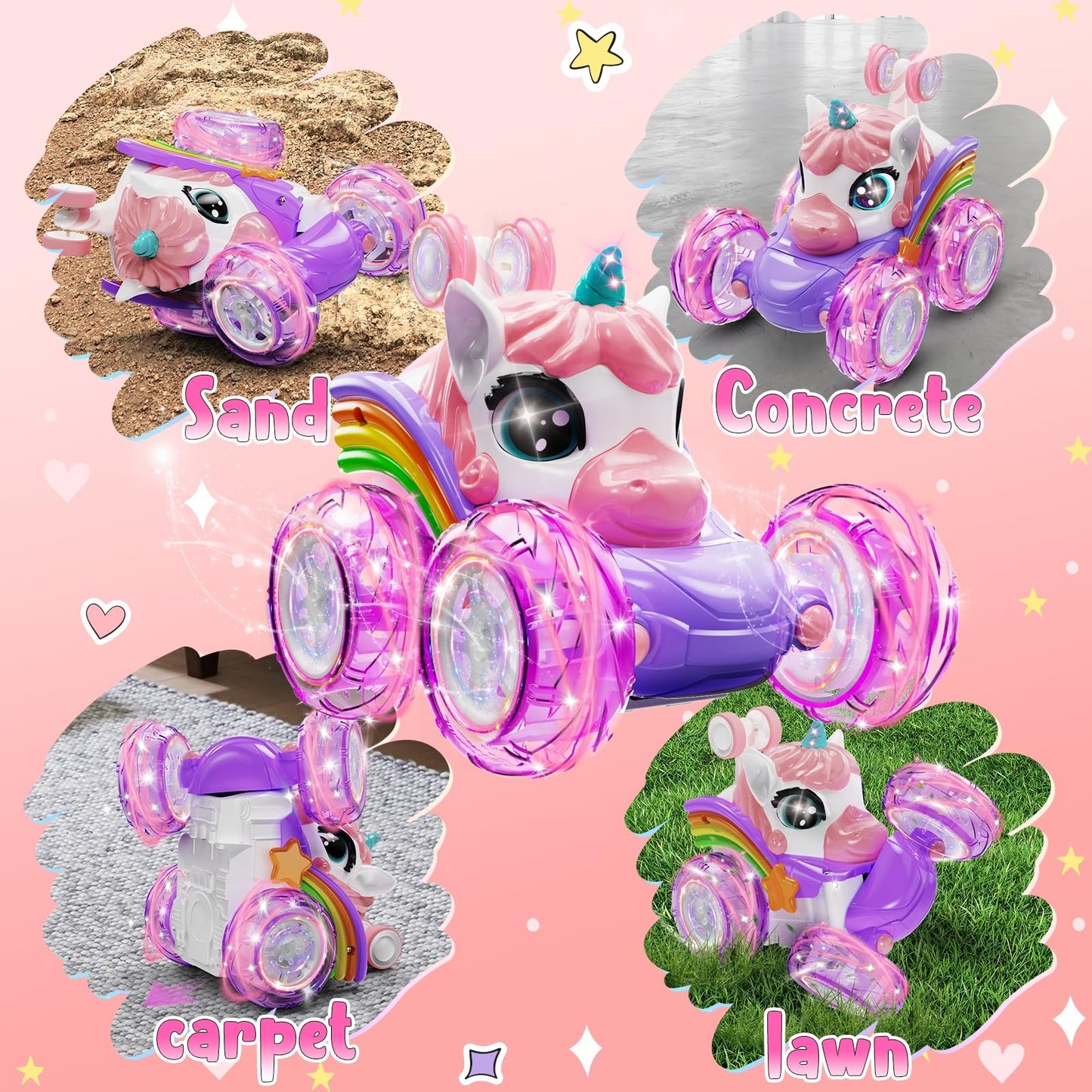 Unicorn Remote Control Car for Girls, 360 Rotating 4WD Stunt RC Cars with Cute Lights, Rechargeable Car Toys Birthday Gifts for