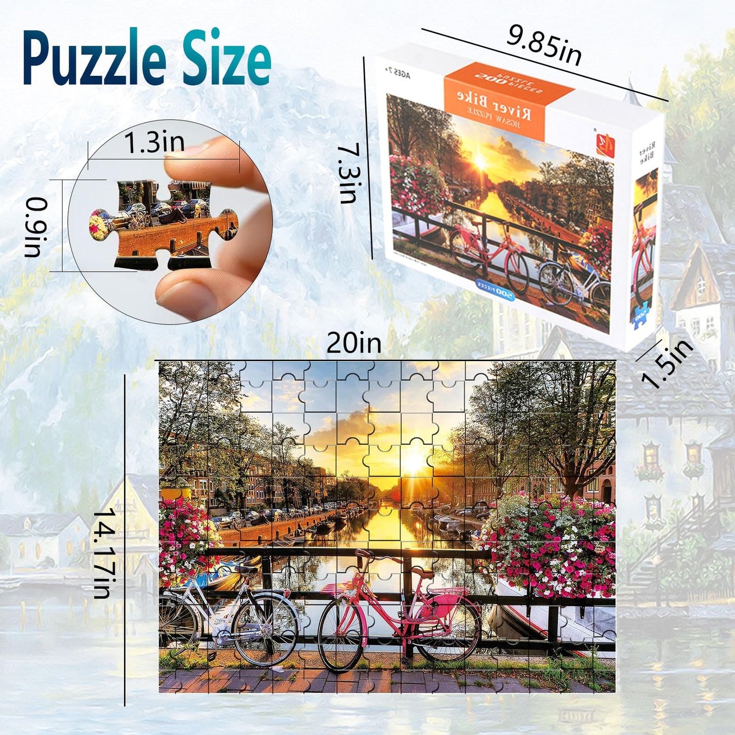 Diiopoty Puzzles for Adults Jigsaw 500 Piece Amsterdam Spring Quiet River Sunrise Flower with Bicycles for Family Fun Games Chal