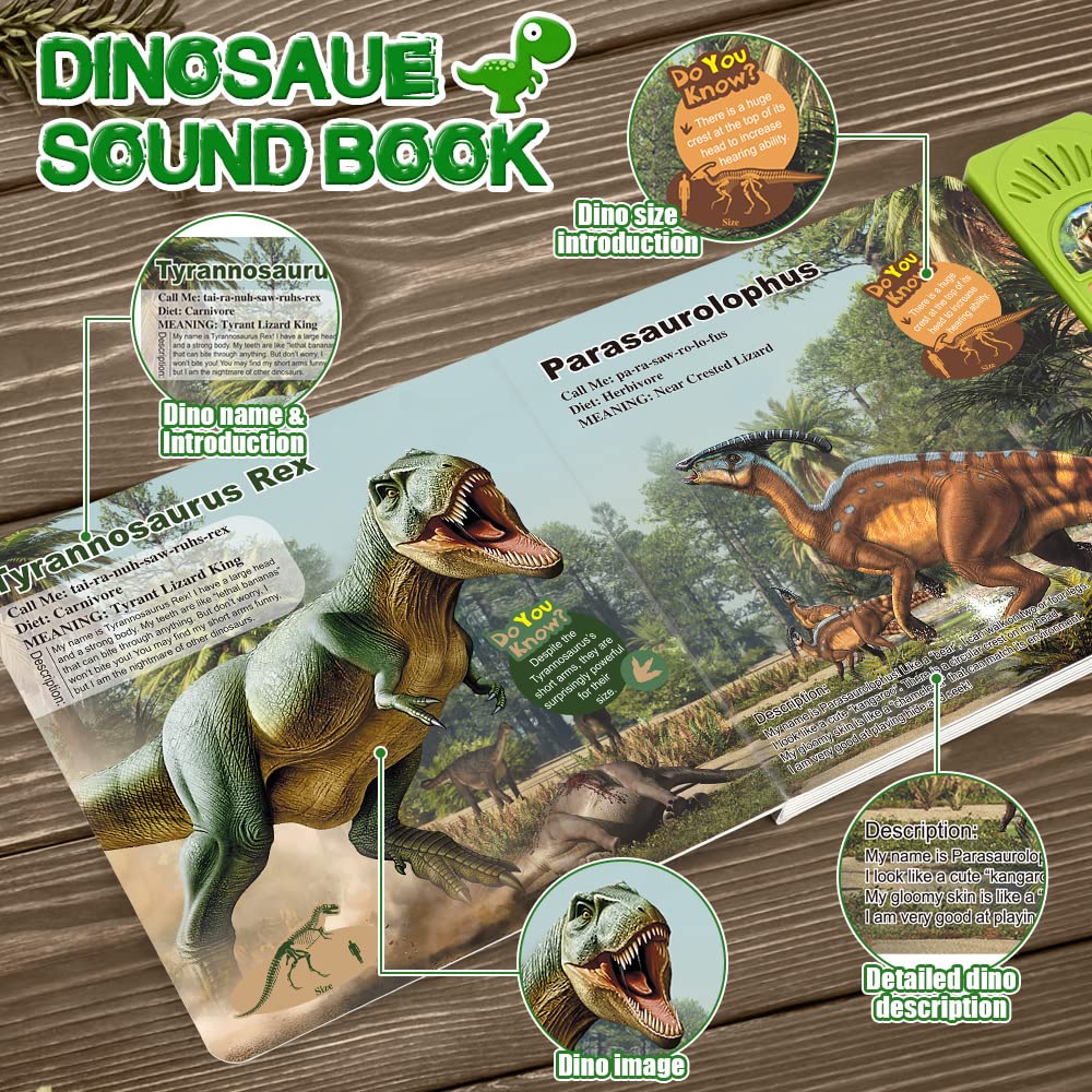 Oenux Dinosaur Toys With Interactive Sound Book For Kids 3-5, Dinosaur Book With Sound &12 Toy Dinosaurs Figures, Toddler Dinosaur Learning Toys For Boy, Dinosaur Present For Boys Girl Age 4-7