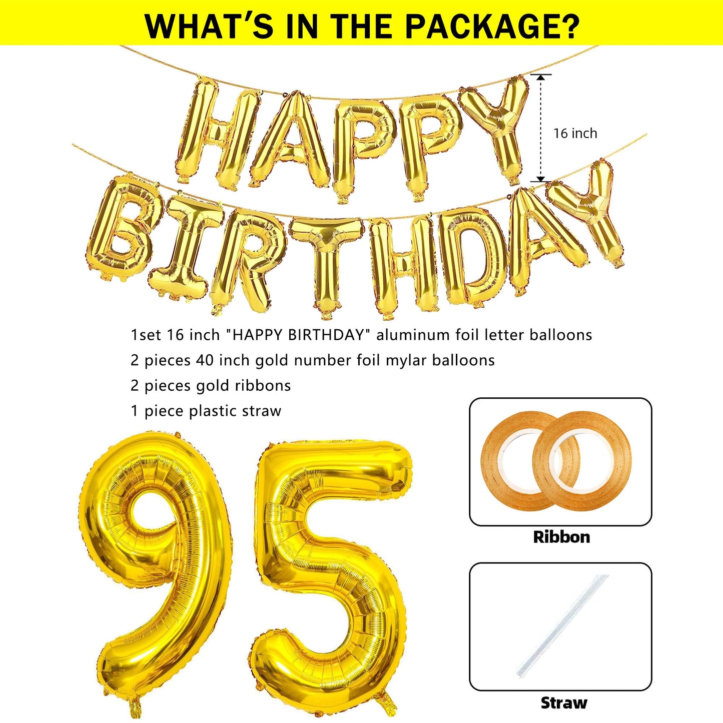 SHUNTAI 95th Birthday Decorations - Gold Jumbo Foil Mylar Number Balloons with Happy Birthday Banner for 59th or 95 Years Old Events