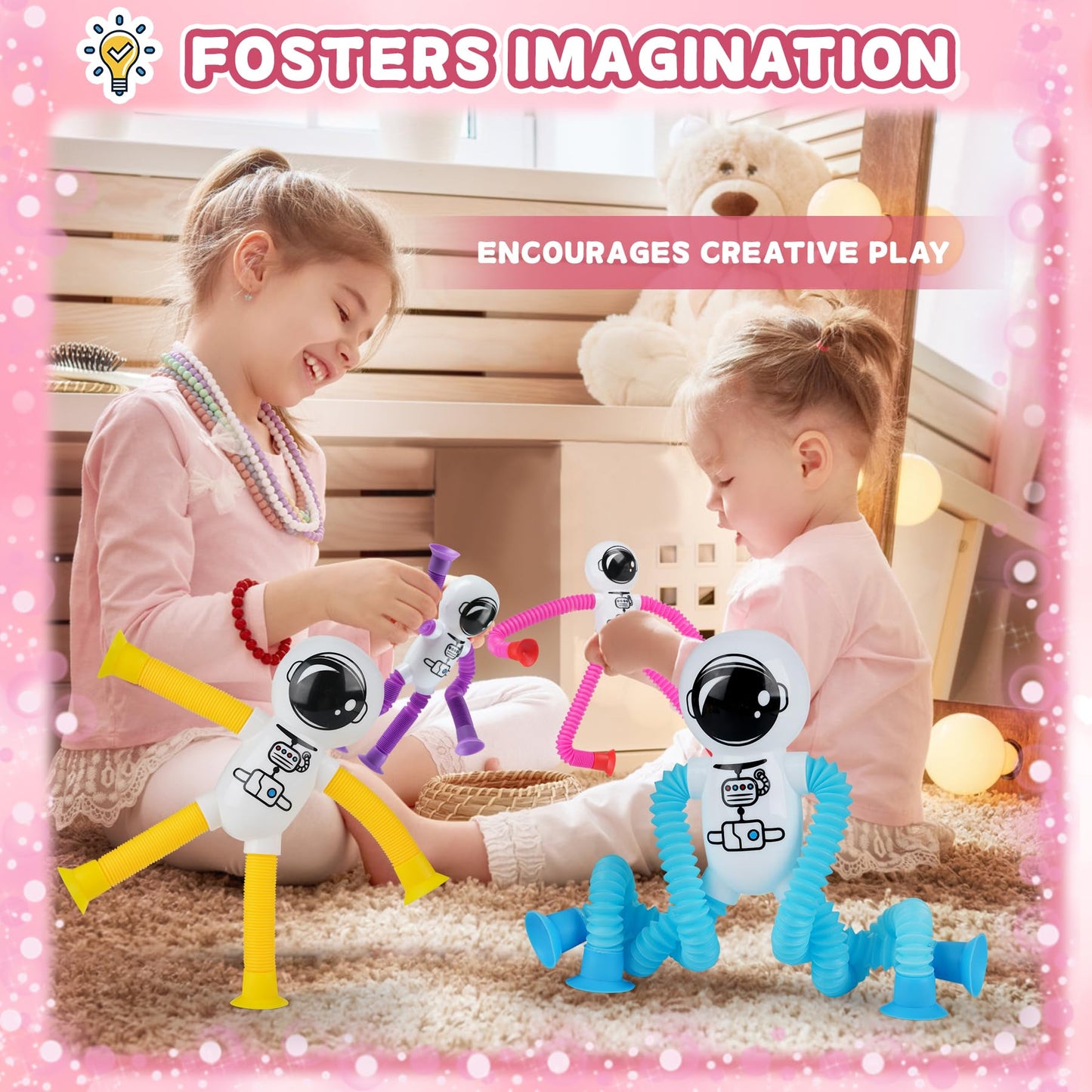 Eowvsio 4Pcs Valentines Day Gifts For Kids,Astronaut Pop Tubes Valentines Fidget Toys,Autistic Travel Valentines Toys,Valentine