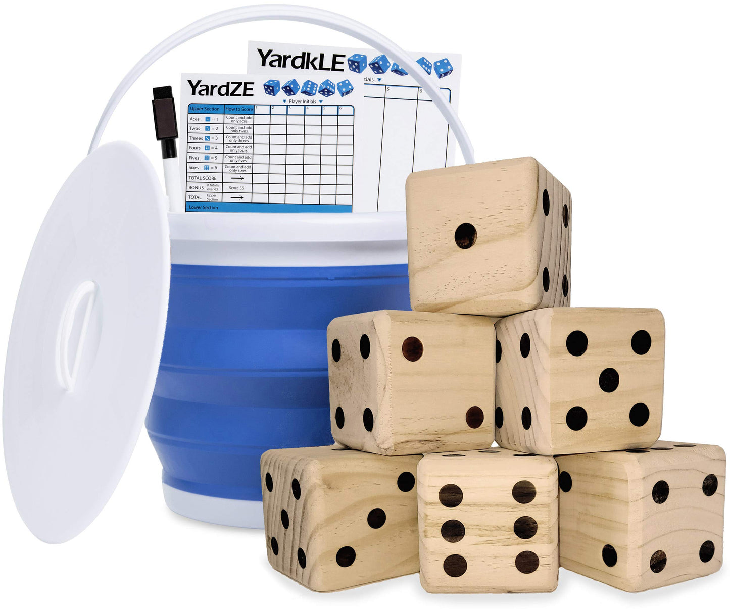 GETMOVIN SPORTS Natural Yardzee and Yard Farkle Dice Set (All Weather) Roll Bucket and Scorecard - Includes 6 Dice, Dry Erase Sc