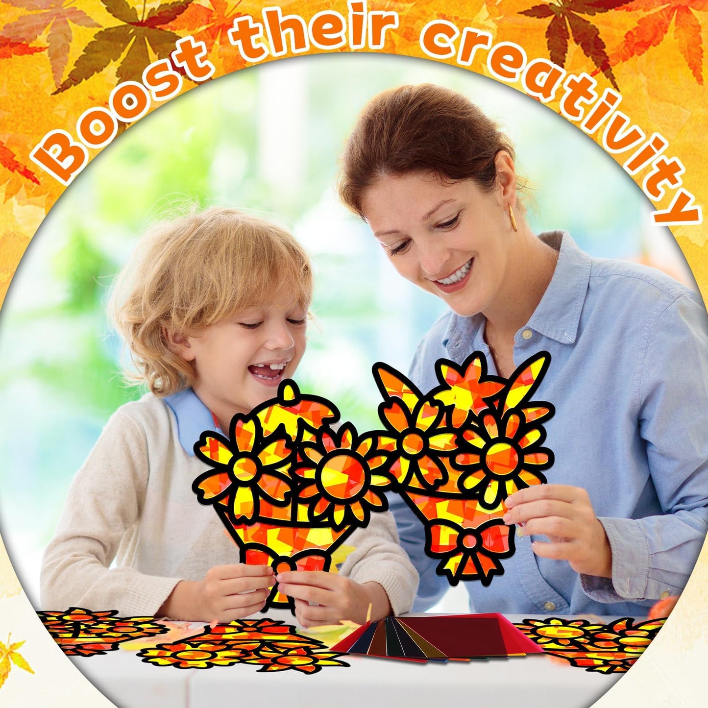 QOUBAI 32 Sets Fall Bouquet Suncatchers Craft Kit DIY Window Stained Glass Effect Autumn Bouquet Paper Crafts Home School Classr
