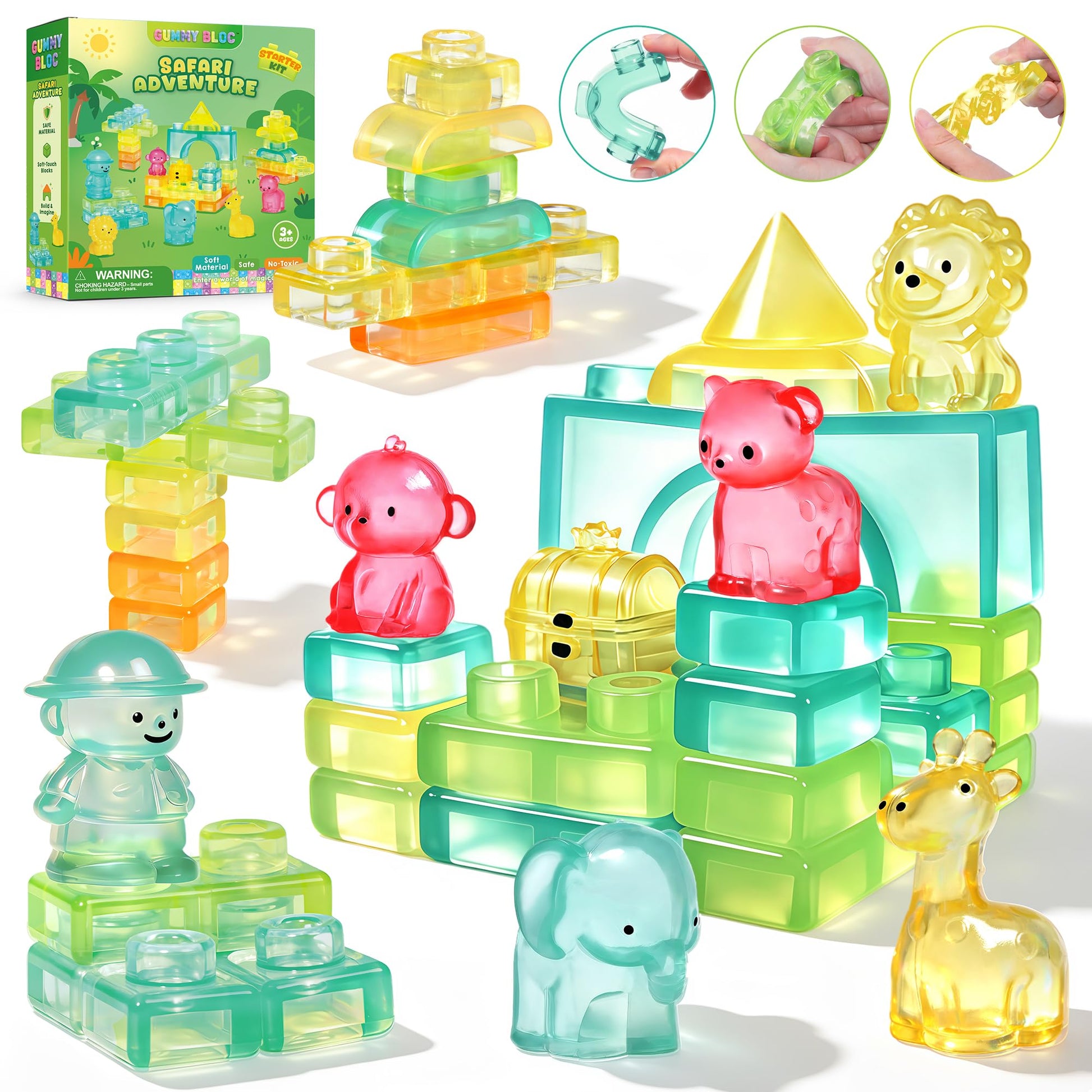 Gummy Bloc Safari Adventure Sensory Soft Building Blocks for Toddlers, 52 PCS Montessori Squishy Stacking Toy Set, Jungle Animal