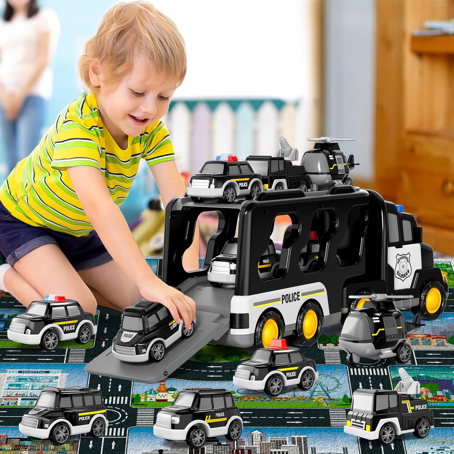 Doloowee Police Truck Toys Toddlers 3 4 5 6 Years Old, 7 In 1 Truck Friction Power Toy Car Christmas Birthday Gifts For Boys & G