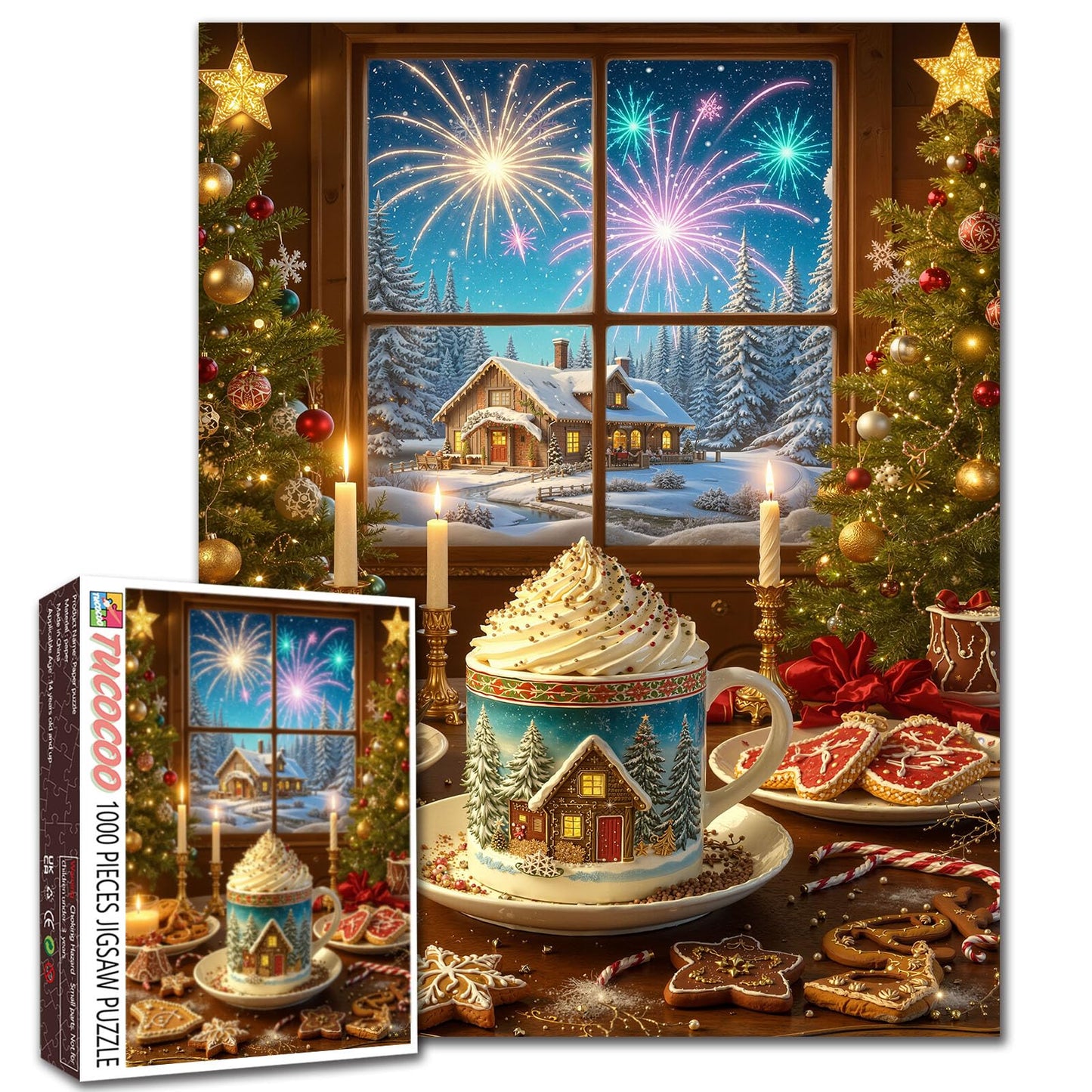 Cream Holiday Mug Gingerbread Cookies Christmas Fireplace 1000 Piece Jigsaw Puzzle for mature-themeds Students Cozy Winter  Window View 20?27 Inches Relaxing Festive Game Warm Atmosphere Decor