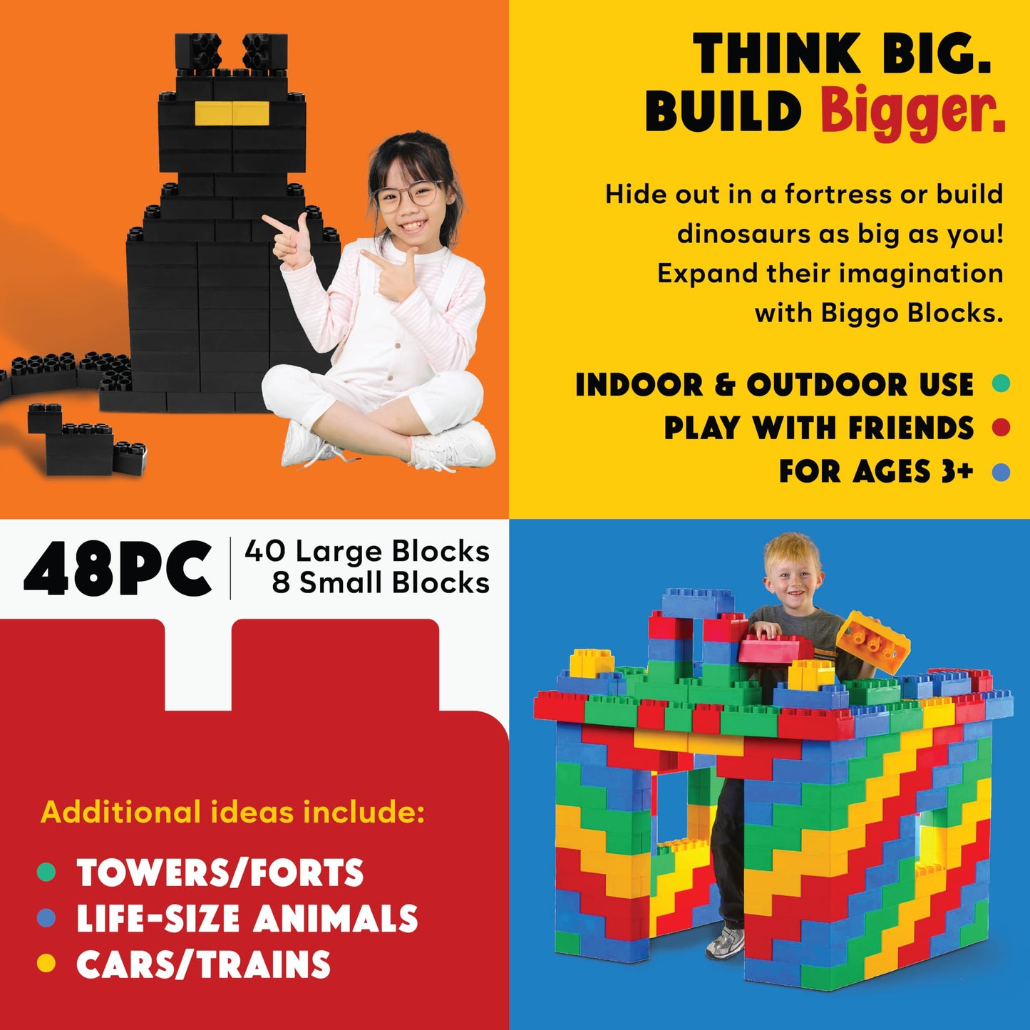 Big Blocks For Kids Ages 4-8 - Indoor & Outdoor Blocks Kids Games - Black Large Building Blocks - 48 Pc