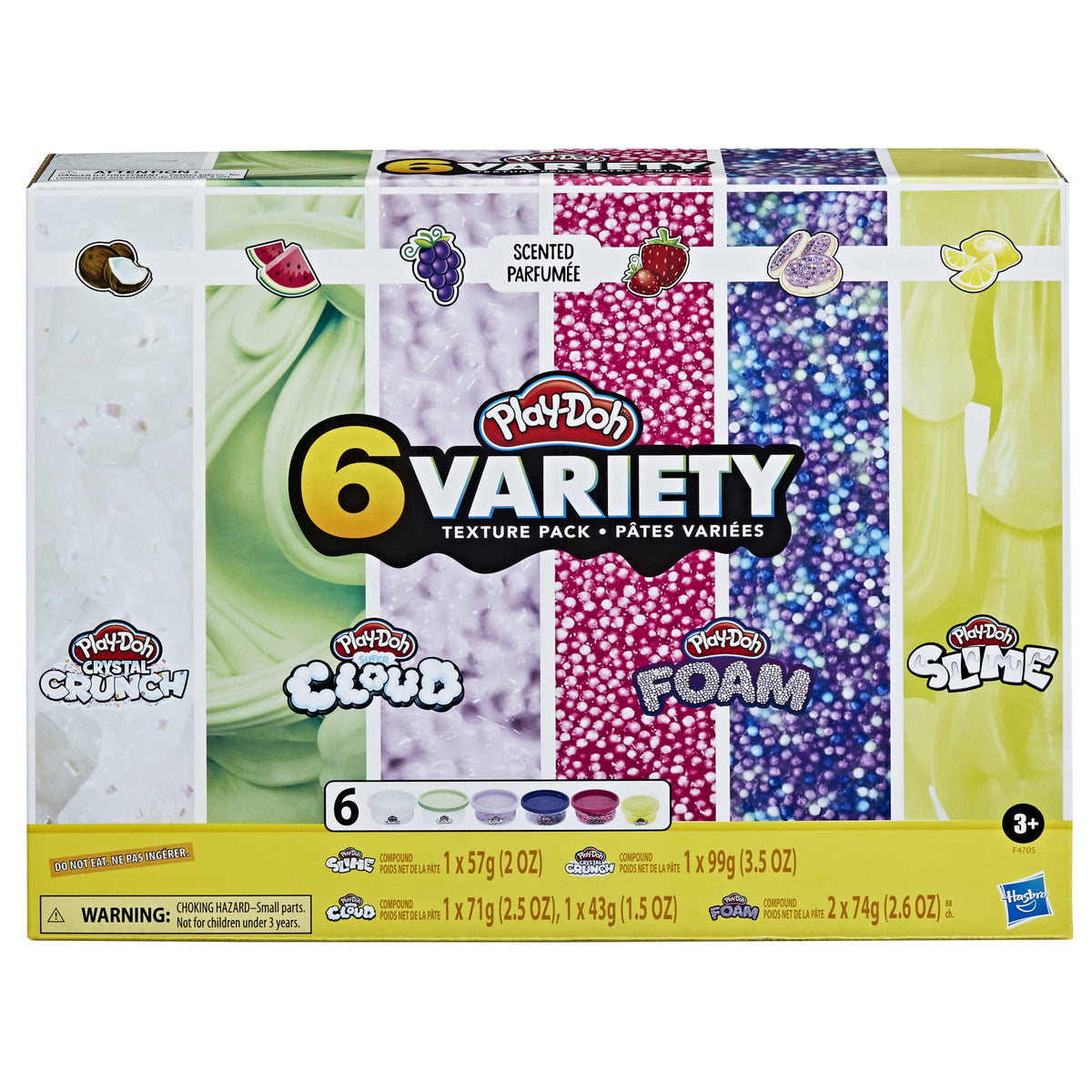 PlayDoh Slime, Crystal Crunch, Super Cloud, and Foam Scented 6 Variety Texture Pack, Tactile Toy for Kids 3 Years and Up, NonT