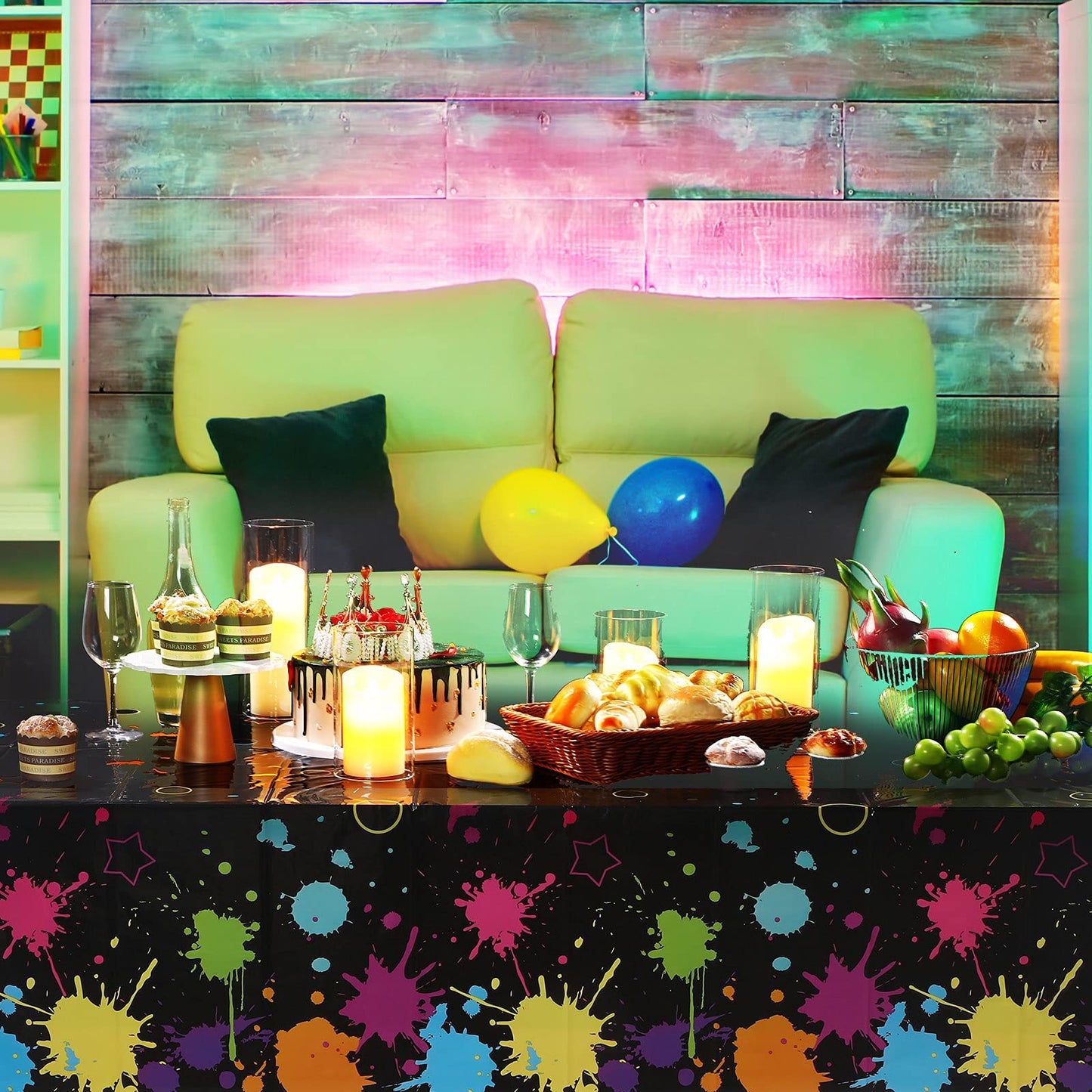 Glow Party Table Covers Neon Party Tablecloths 108 X 54 Inch Glow Party Tablecloths Disposable Plastic Neon Glow Table Cloth For Neon Birthday Party Black Light Party Supplies (1 Piece)