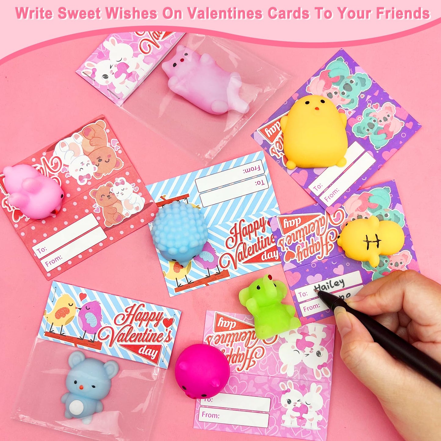 36 Pack Valentine'S Day Cards For Kids Prefilled Animals Mochi Squishies Toys Fidget Stress Relief Toys Squeeze Toys Valentines