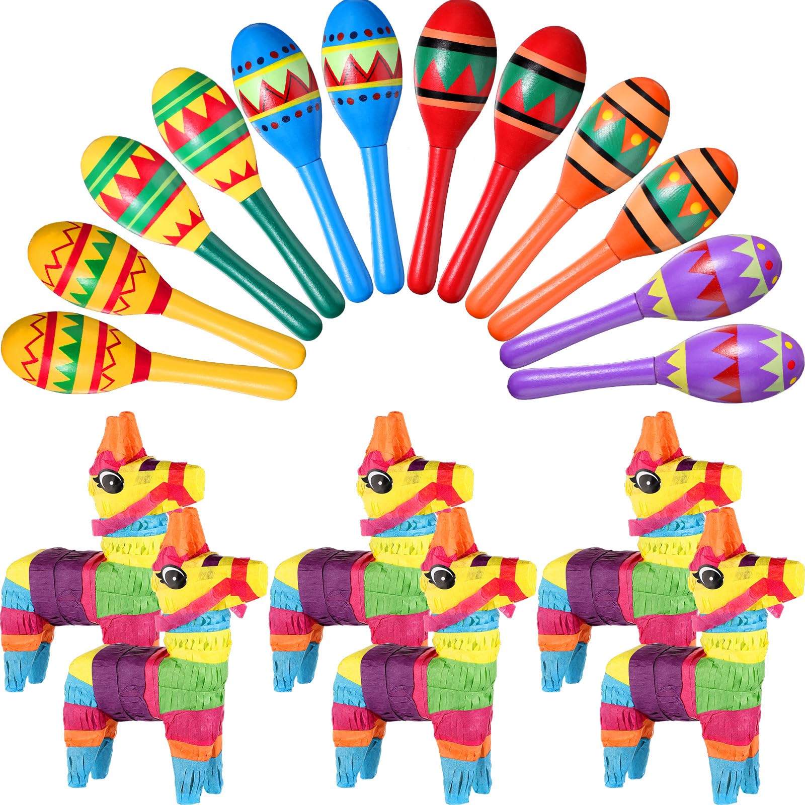 Hungdao 18 Pcs Mexican Fiesta Decor Include 12 Wooden Maracas Bulk 6 Mini Donkey Piatas Mexican Theme Decorations for Maracas Pa