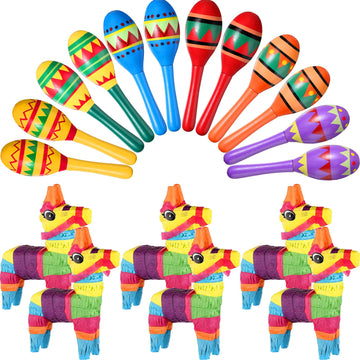 Hungdao 18 Pcs Mexican Fiesta Decor Include 12 Wooden Maracas Bulk 6 Mini Donkey Piatas Mexican Theme Decorations for Maracas Pa