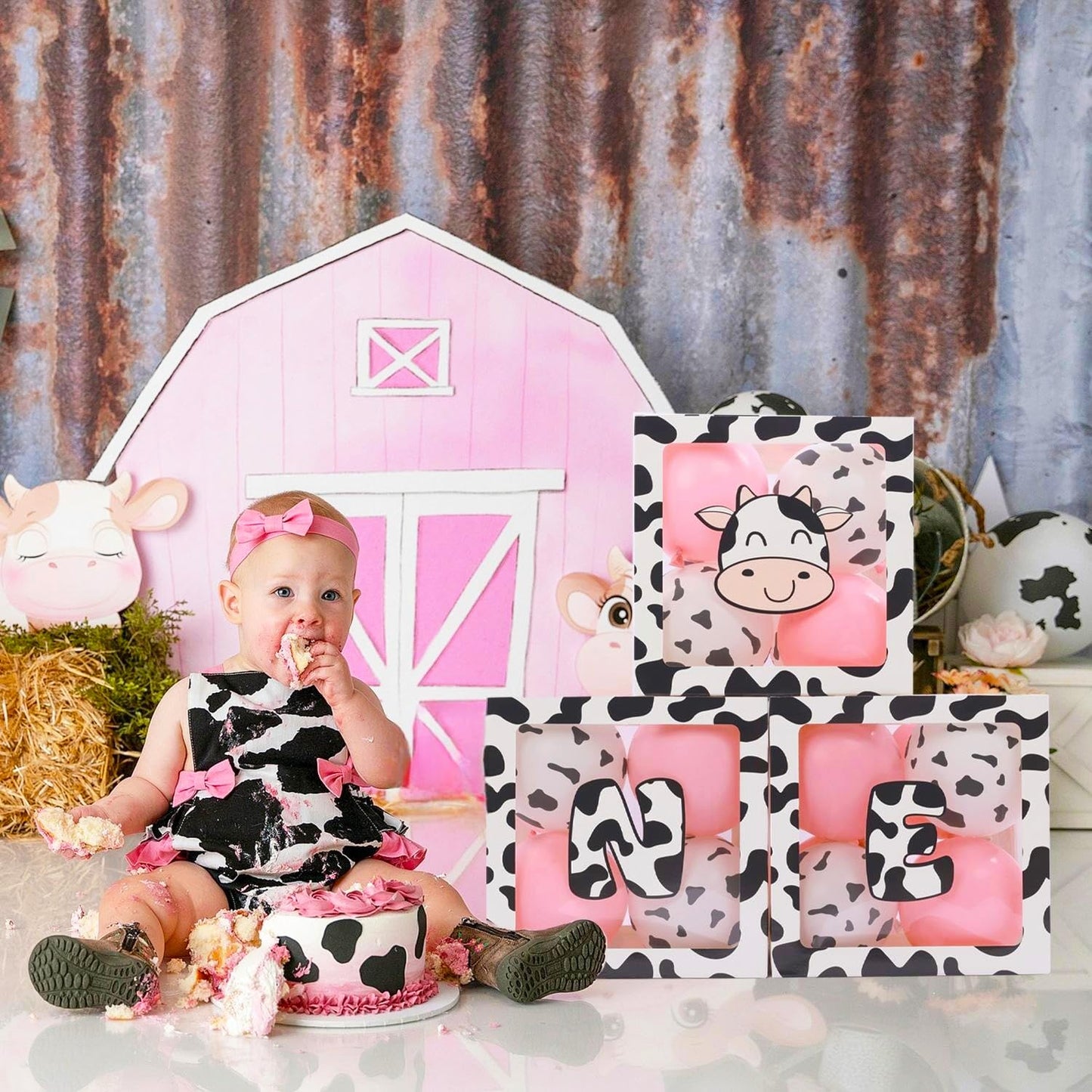 Holy Cow Im One First Birthday Decorations Girl, One Balloon Boxes With Cow And Pink Balloons, One Blocks For Cow Farm Western T