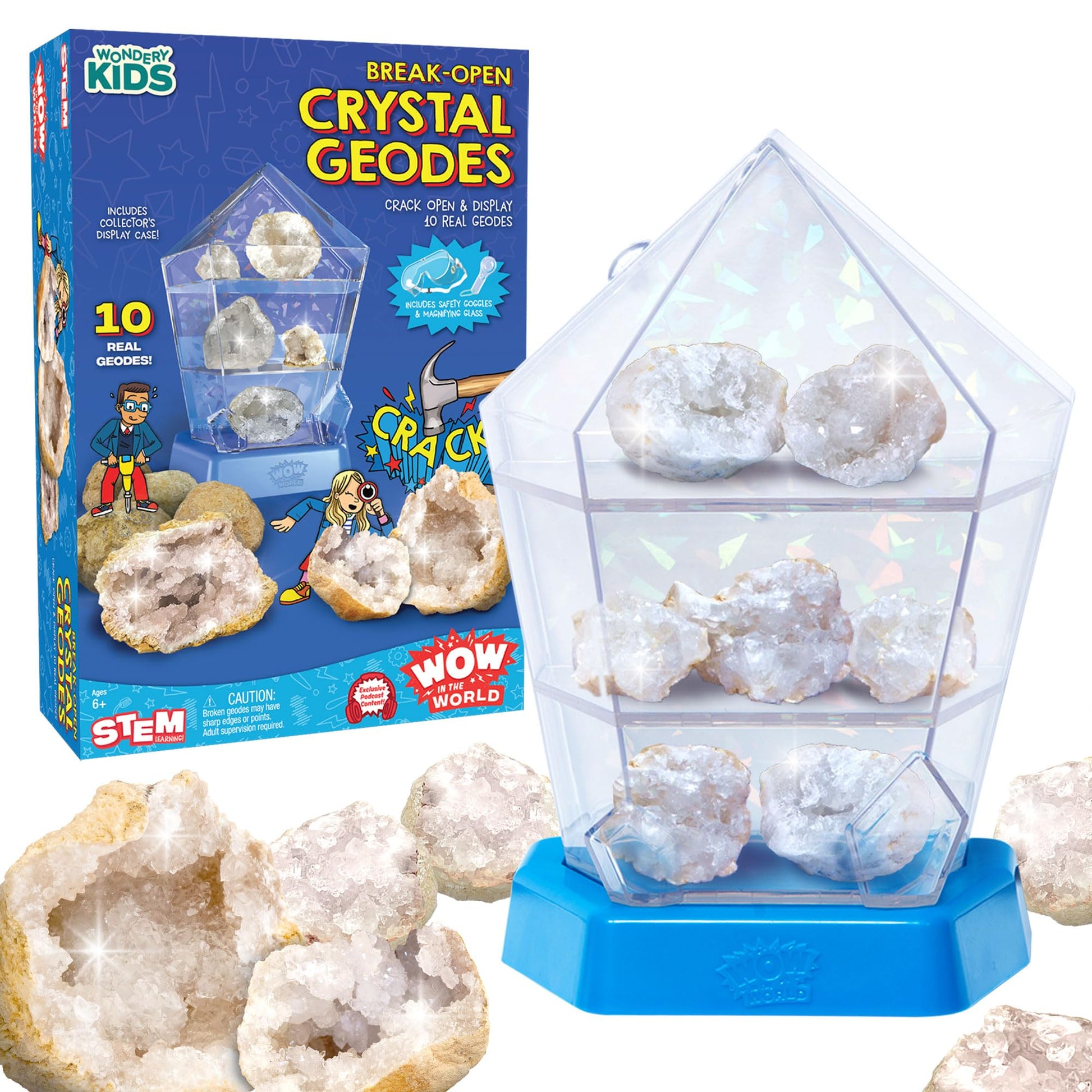 Wow in The World - 10 Real Break-Open Crystal Geodes with Display Case - Bonus Goggles & Magnifying Glass  Companion Audio Content  STEM Toy for Boys & Girls 6+ by Thames & Kosmos