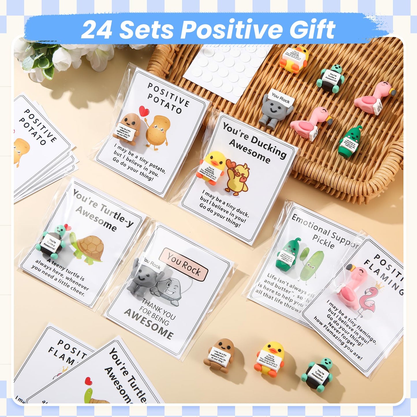 Gejoy 24 Sets Funny Positive Dolls Emotional Toy with Positive Card Encouraging Rubber Duck Pickle Potato Stone Turtle Flamingo Inspirational Birthday Gifts for Coworkers Students Friends Room Decor