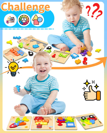 Wooden Puzzles Toddler Toys For 1 2 3 Years Old Boys Girls, 4 Vehicle Shape Learning Educational Blocks Birthday Gifts Sensory T