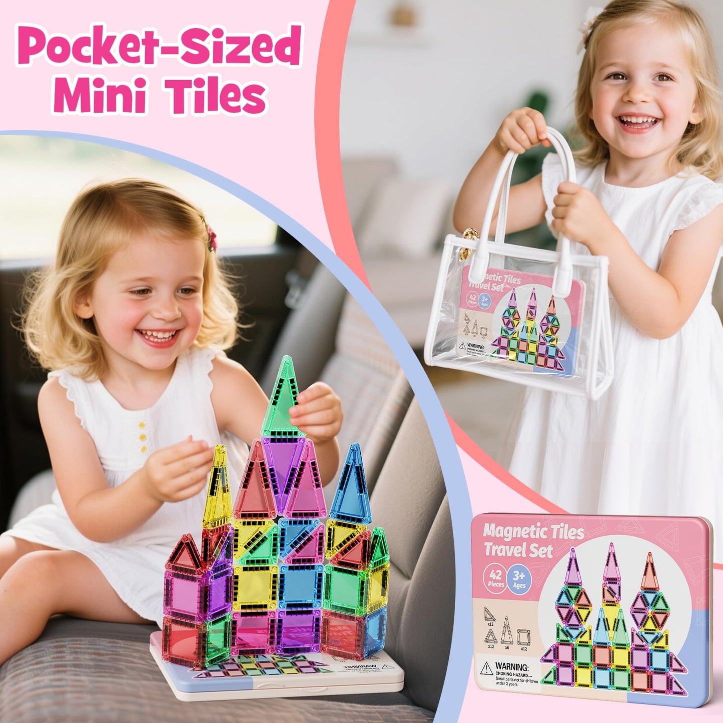 WMXDU Mini Magnetic Tiles with Iron Box, 42PCS Travel Size Magnet Building Blocks Toy Set, Protable Construction Block Toys Educ