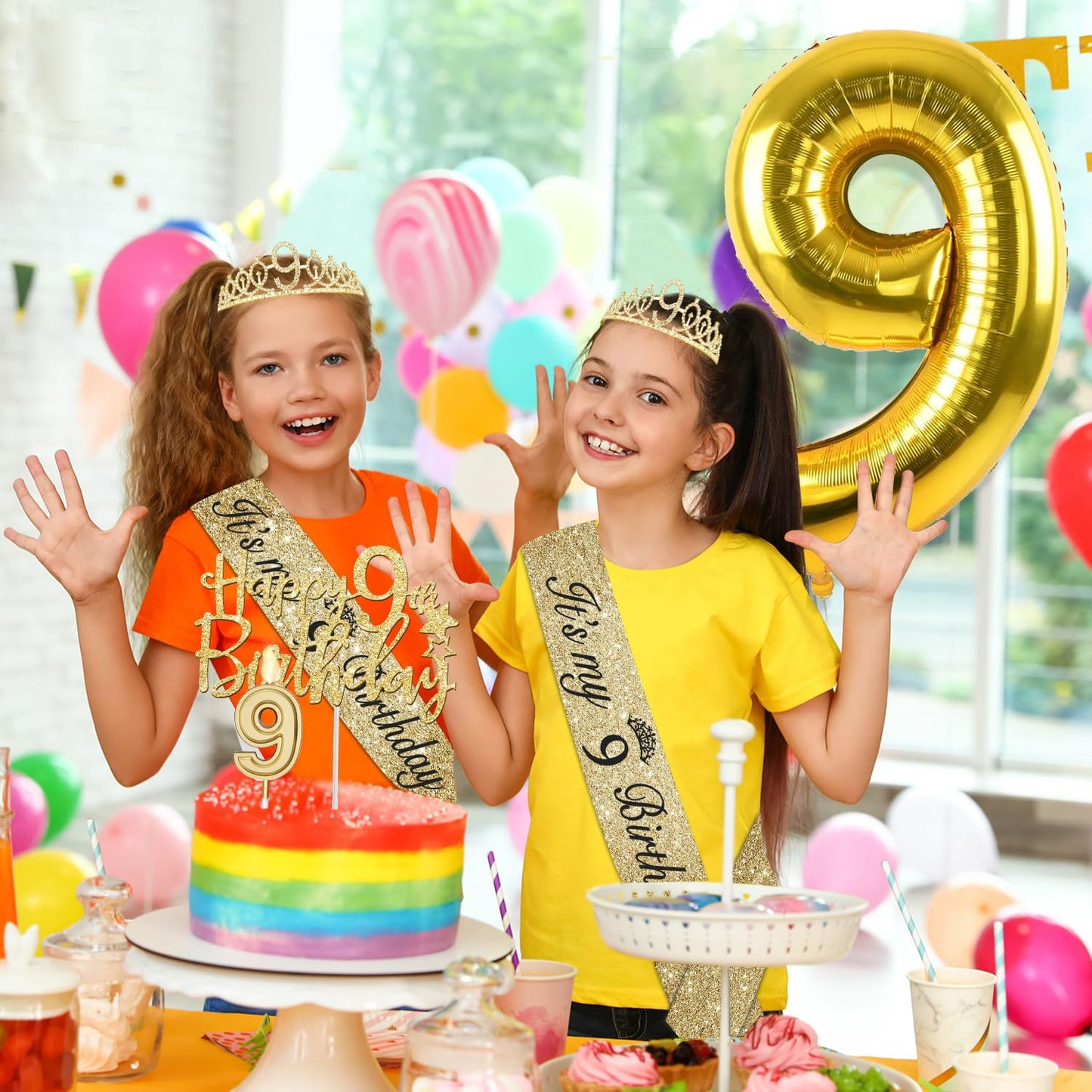 9th Birthday Decorations for Girl Gold, Including 9th Birthday Girl Sash and Tiara for Girls, 9 Birthday Candles and Cake Topper