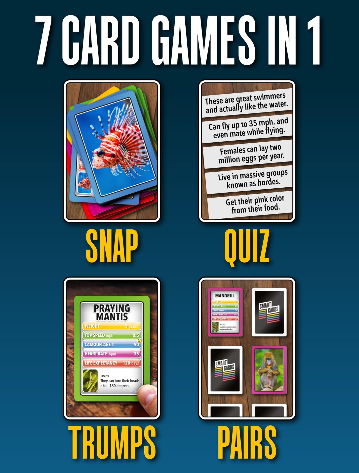100 Pics Smart Cards Animals, 7 Games In 1, Pairs, Snap, Trumps, Rummy, Memory Quiz, Learn Facts, Travel Game, Gift, Stocking Stuffer, 50 Cards, Age 5+, 1-8 Players