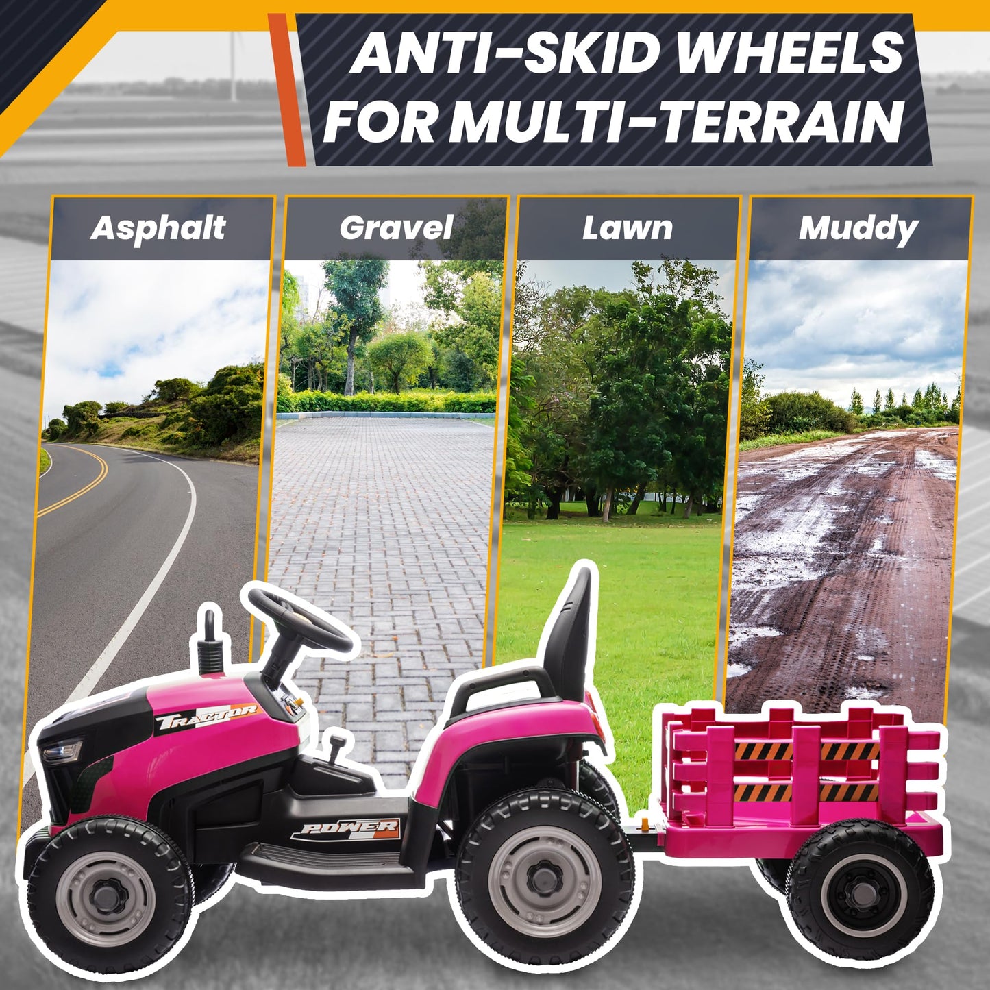 24V 7Ah Ride On Tractor W/Tiltable & Detachable Trailer, Moeyuro Kids Electric Vehicles Tractor W/400W Motors, Adjustable Seat,